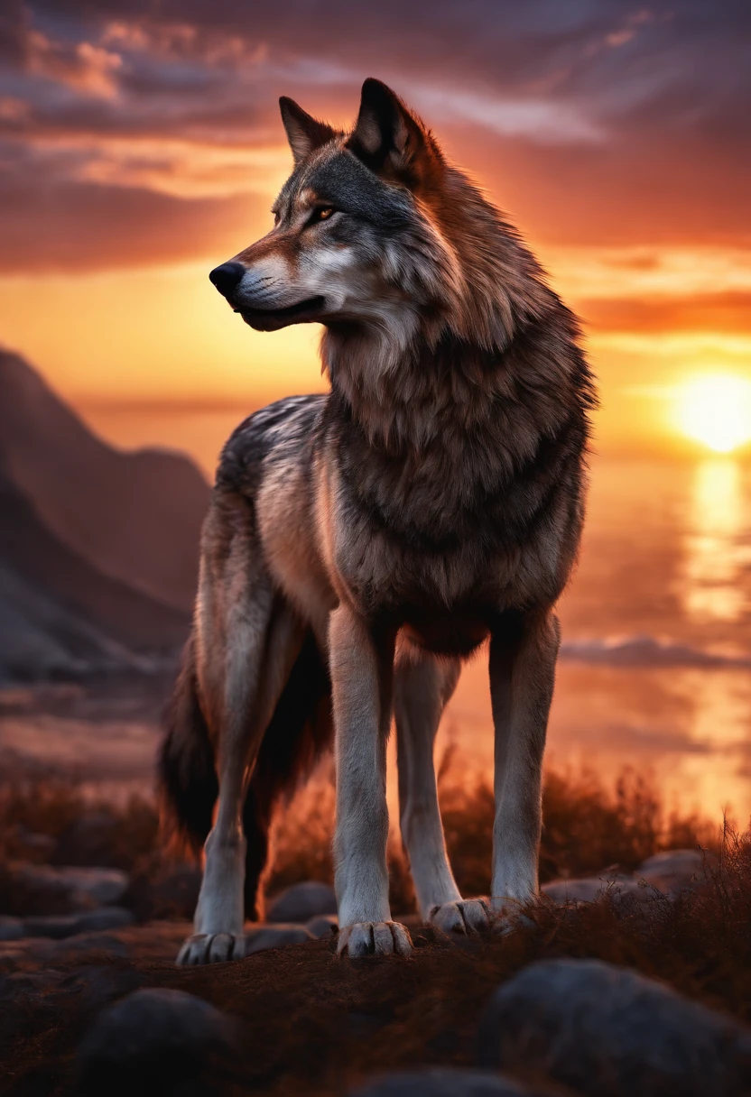 (nvinkpunk:1.2) (snthwve style:0.8) wolf, anthro, lightwave, sunset, intricate, highly detailed