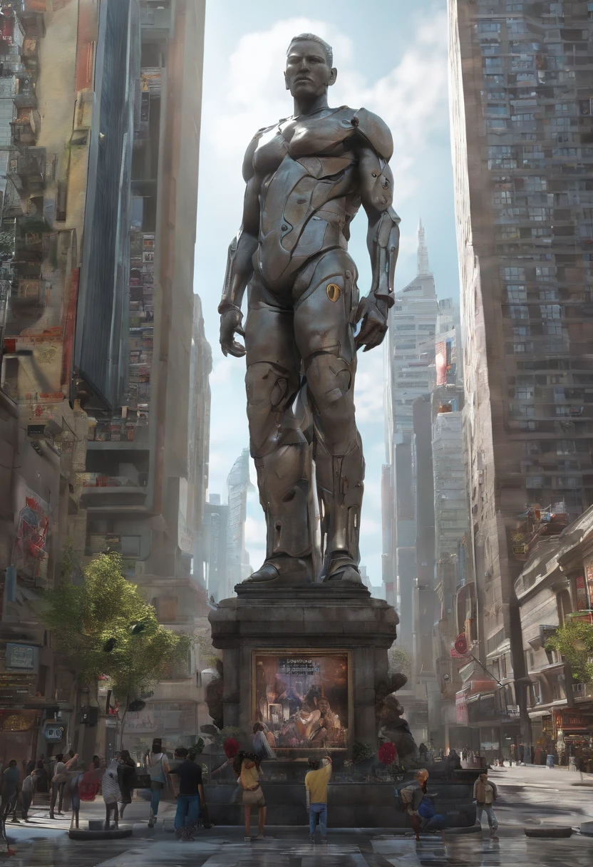 (giant towering statue upper body:1.5),(cyberpunk cityscape background:1.2),ultra-realistic,high quality,high resolution,8k,masterpiece:1.0),ultra-detailed,worshipers on the street:0.8)