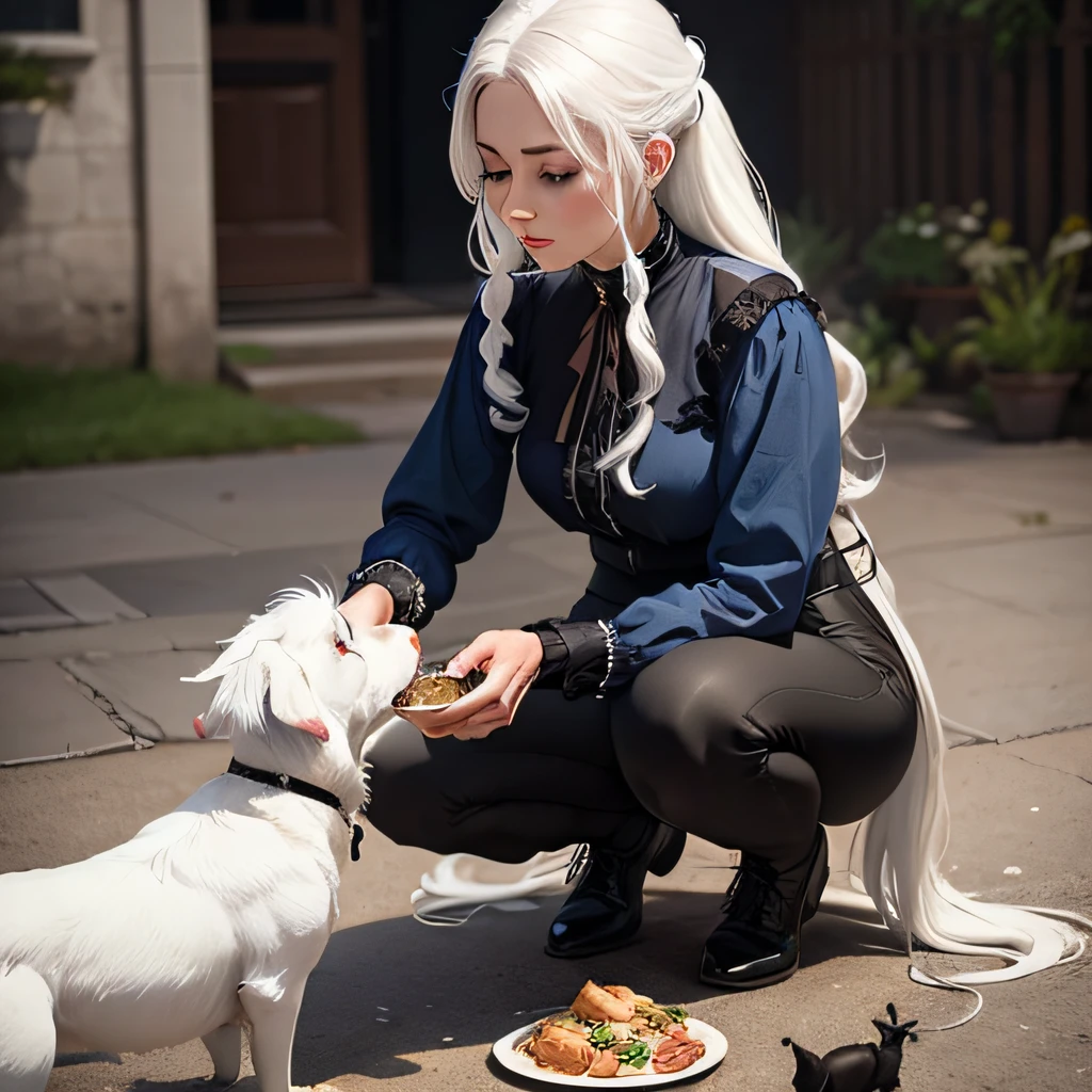 Woman with white hair on her shoulders, with black pants and blue blouse, feeding with food dogs and animals