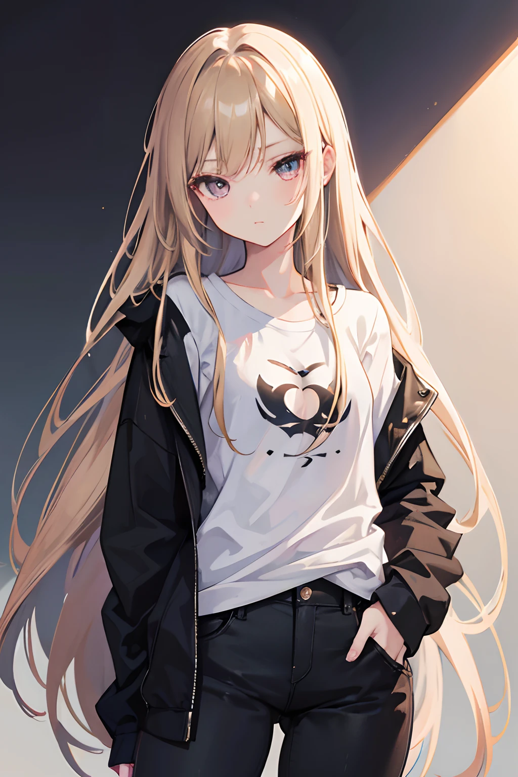 anime young woman,dark blond colored hair,long hair,casual clothes,small chest,medium thighs,medium body,black colored eyes,illustration,ultra-detailed,realistic,vivid colors,soft lighting,studio lighting