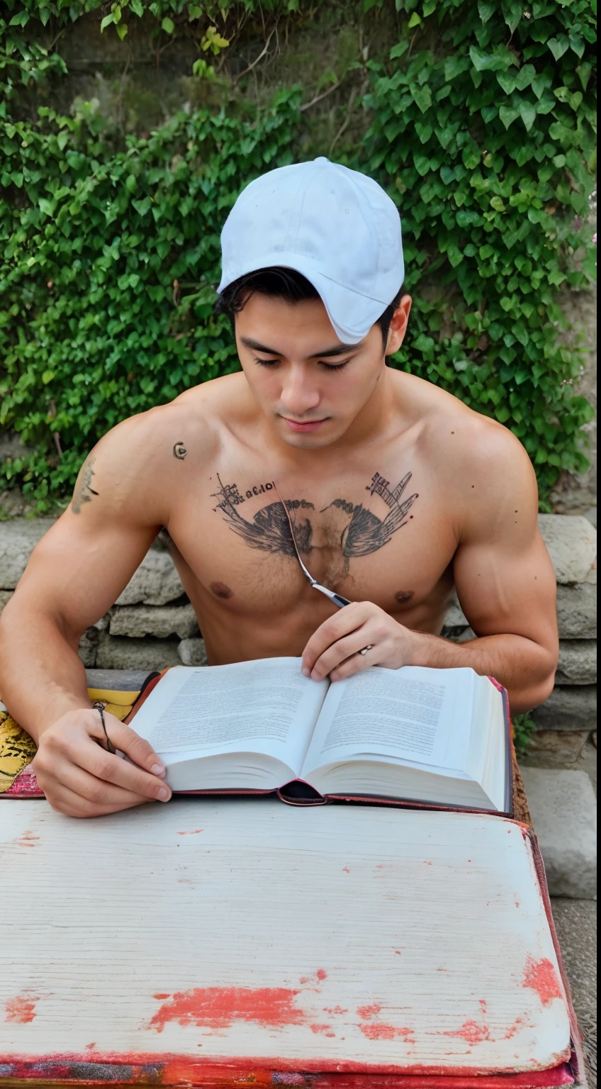 Homem arafed sentado em uma mesa lendo um livro, Lendo novo livro, Ler um livro, Estudar, tentando ler, he is holding a large book, tentando estudar, Usando tatuagens shipibo, bem editado, estudioso, dramatic reading spell book pose, conhecimento intenso, estudante, Segurando um livro, aesthetic shot, holding spell book