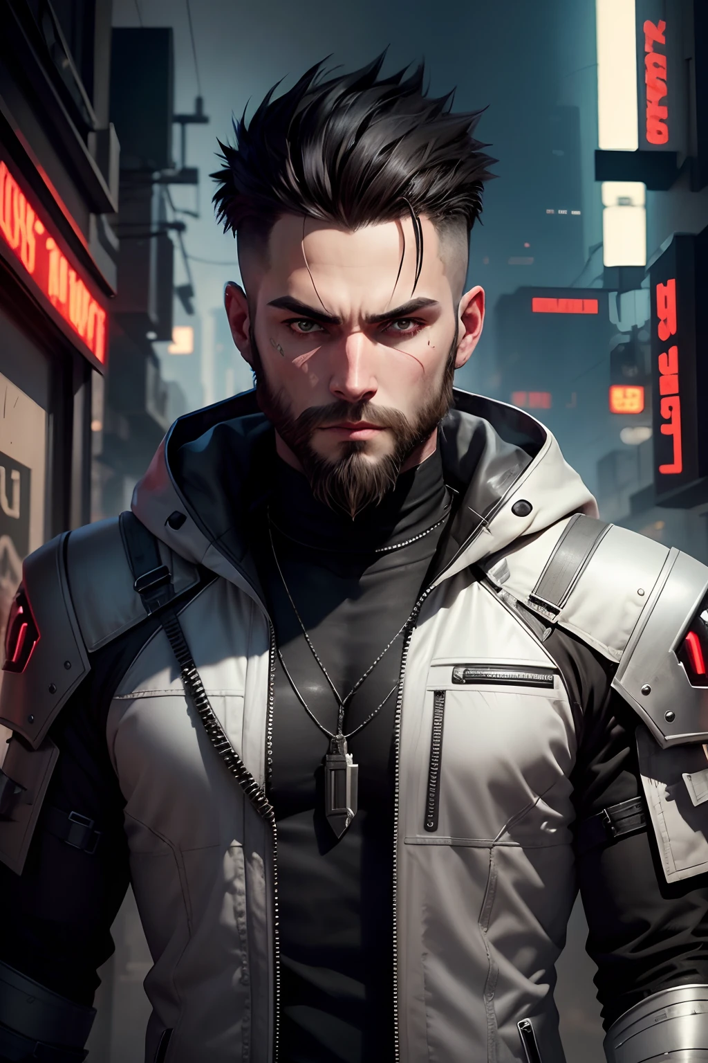 Make a white Man with a short beard, black hair, cyberpunk armor, valorant, valorant style