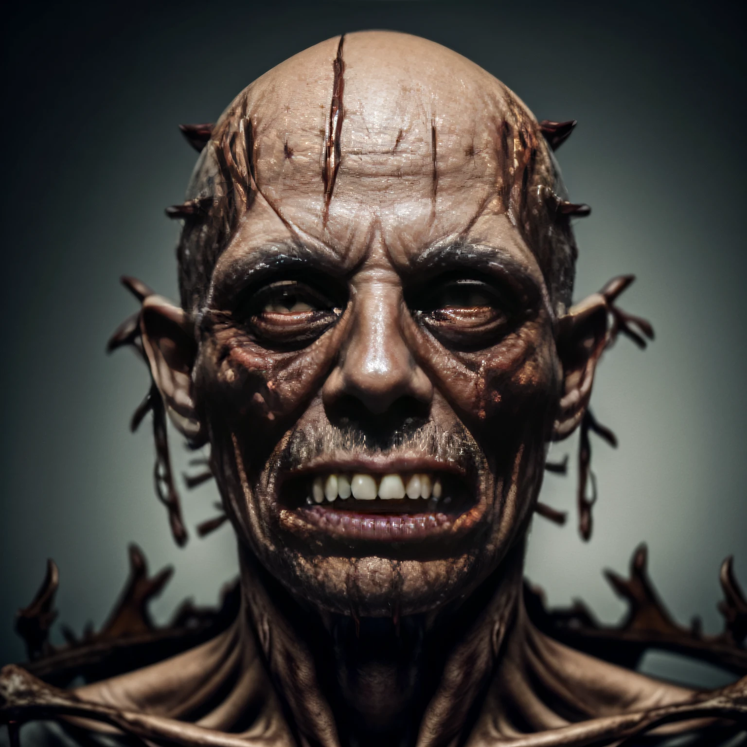 (((Closeup))) Rotting, disgusting zombie face. Nightmare, gore+ screaming+ horror+++ Holes in flesh++ rotted muscles exposed++ disgusting++ missing eyeball. Dark + Intricately detailed + exposed bones in face++ bloody+++ maggots++ Gruesome+++ Hyper-detailed + Hyper-realistic. Scary+++ Anatomically correct+++ Deep shadows++ Blood++ (stringy skin: 1.4), Bald spots+++