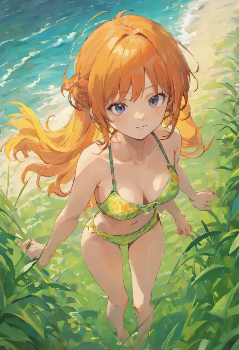 nami,on grass, (best quality, masterpiece:1.2), photorealistic, anime. thick outlines, strong shadows, 1 girl, full body, small breast, beach, blue sky, clouds, orange hair, yellow crop top, suspender shorts , white shoes, detailed background, detailed face,