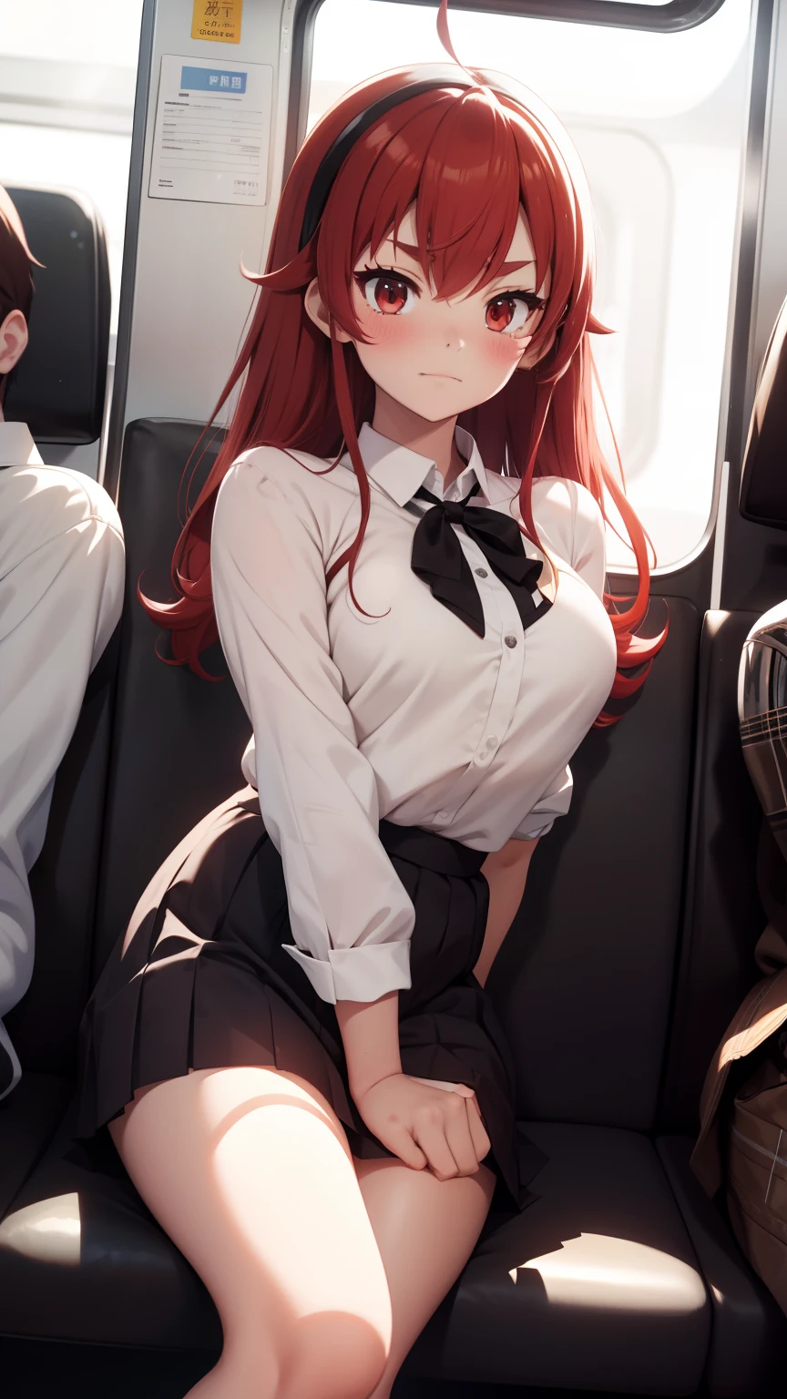 embarrassed, blushing, shows white panties, lifts her skirt with one hand, spread-legged position in train seat, knees apart, red hair,  　school  uniform　mini-skirts　Hi-Res　1girl in　Cute anime illustration