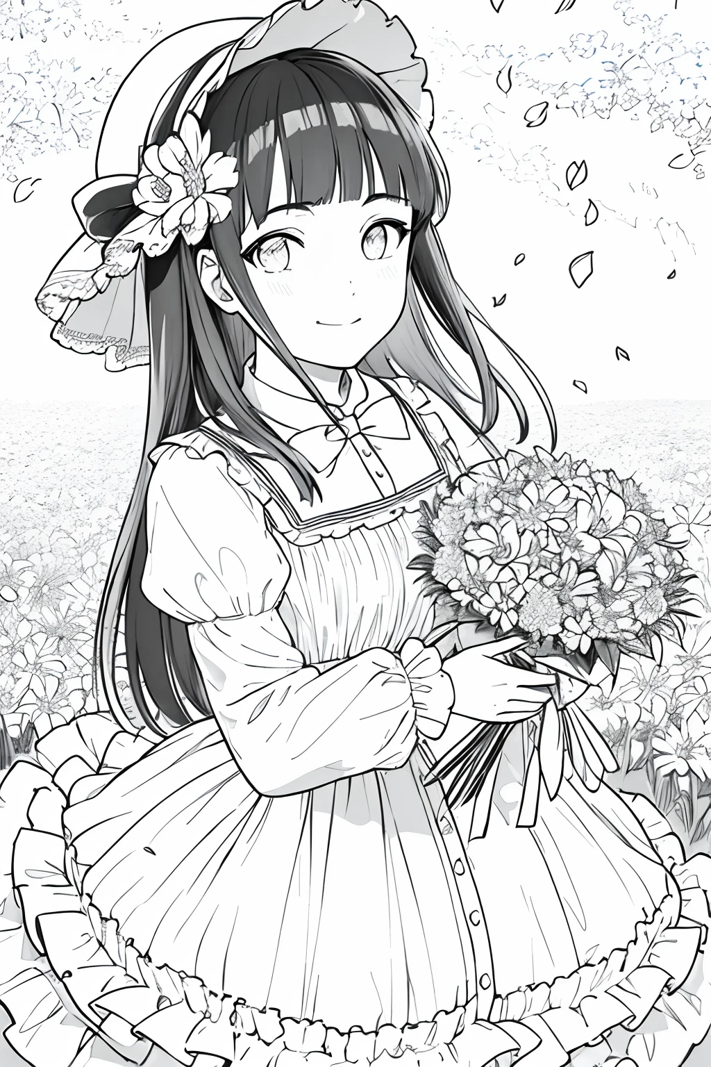 masterpiece, best quality, 1girl, solo, long_hair, looking_at_viewer, smile, Blunt bangs, skirt, shirt, long_sleeves, hat, dress, bow, holding, closed_mouth, flower, frills, hair_flower, petals, bouquet, holding_flower, center_frills, bonnet, holding_bouquet, flower field, flower field, lineart, monochrome