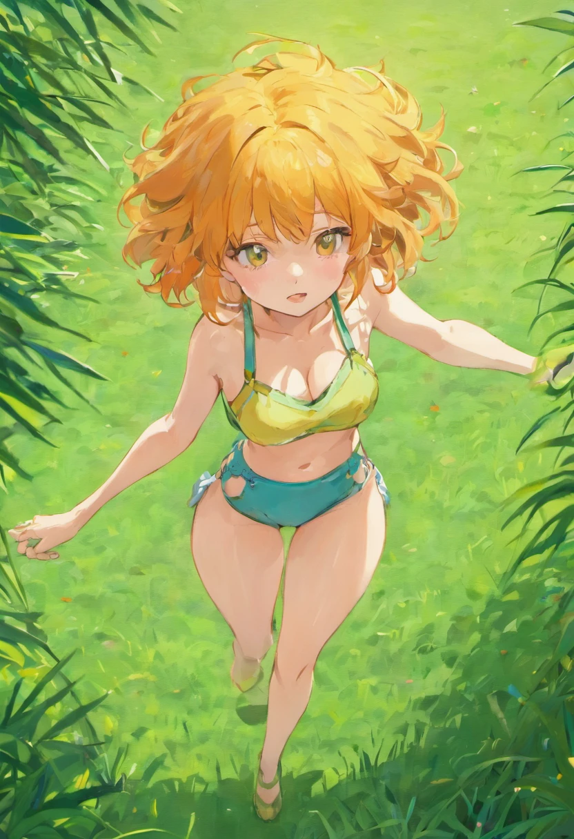 on grass, (best quality, masterpiece:1.2), photorealistic, anime. thick outlines, strong shadows, 1 girl, full body, small breast, beach, blue sky, clouds, orange hair, yellow crop top, suspender shorts , white shoes, detailed background, detailed face,one piece like