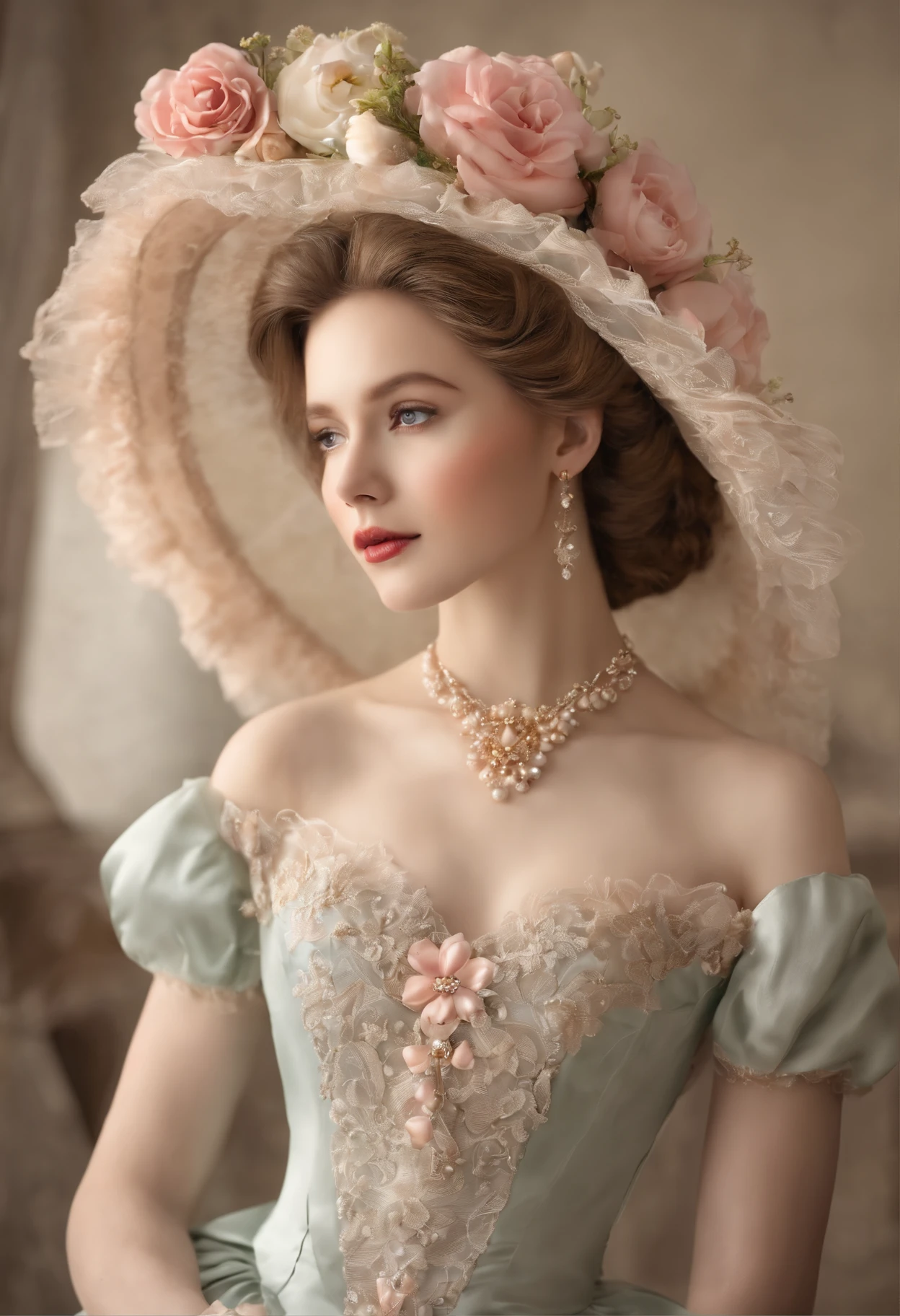 Menina bonita nova no estilo vitoriano、Cabrito、 1. moda: Victorian fashion is characterized by sleek and elegant design。Ruffles and laces、Espartilhos、Tente incorporar elementos como vestidos longos。 2. penteado em: Women's hairstyles in the Victorian era are often complex and delicate。Upstyling e curling、It's also a good idea to add ribbons and floral ornaments to your hair.。 3. Characteristics: Facial features of girl with soft features、Embelezamento、kawaii、Lindo 5. Accessorized: Accessories played an important role in the Victorian era。hats、colares、Luvas、Guarda-chuvas, etc.、Calling accessories with attention to detail、You can give personality to your character。 vestido bonito、Floral、Trajes luxuosos、pink there、PastelColors
