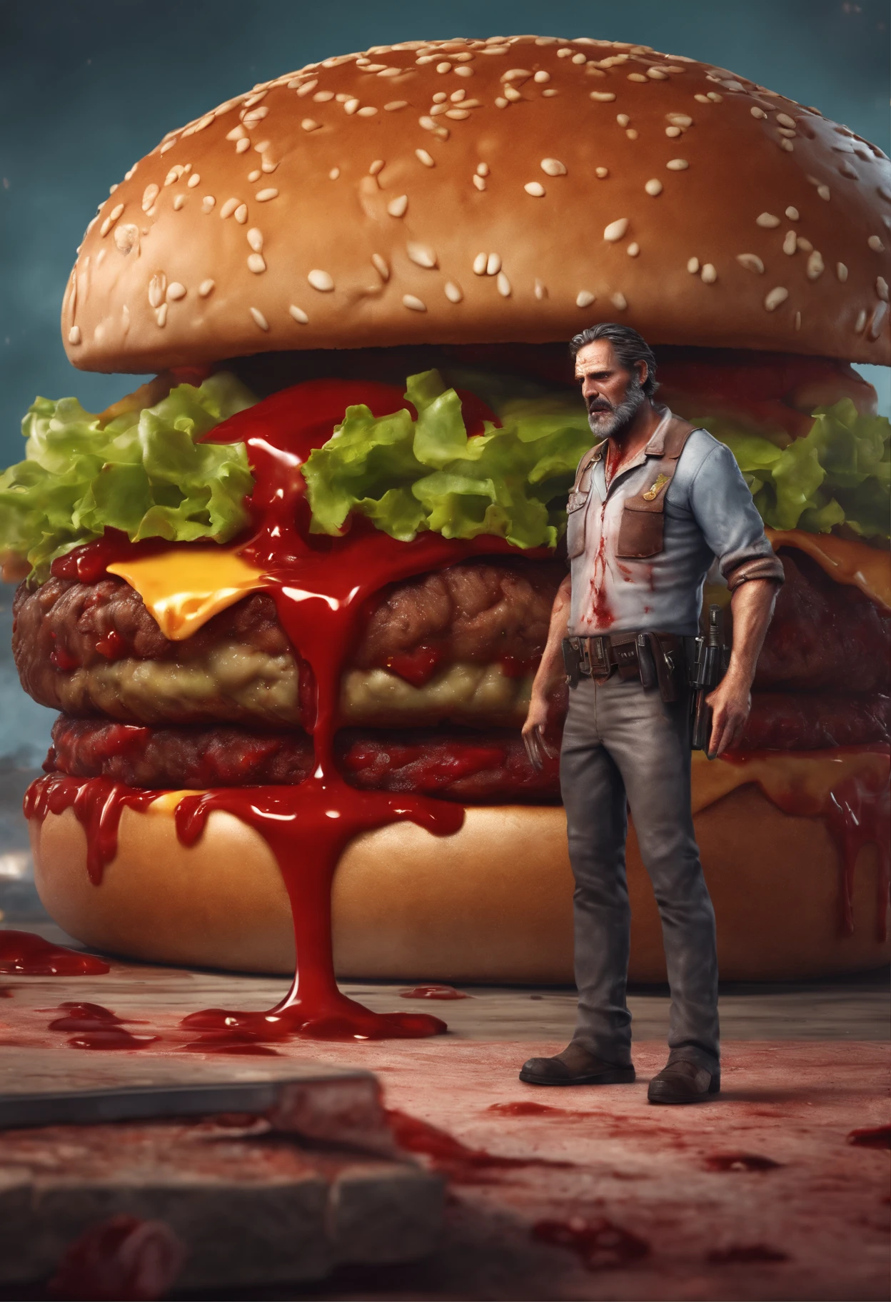 Zombie stands next to a large burger that drips blood, Os Mortos-Vivos, rick grimes cara de zumbi, Hamburgueria, sangue, Realistic, logotipo, 8K illustration, fundo branco