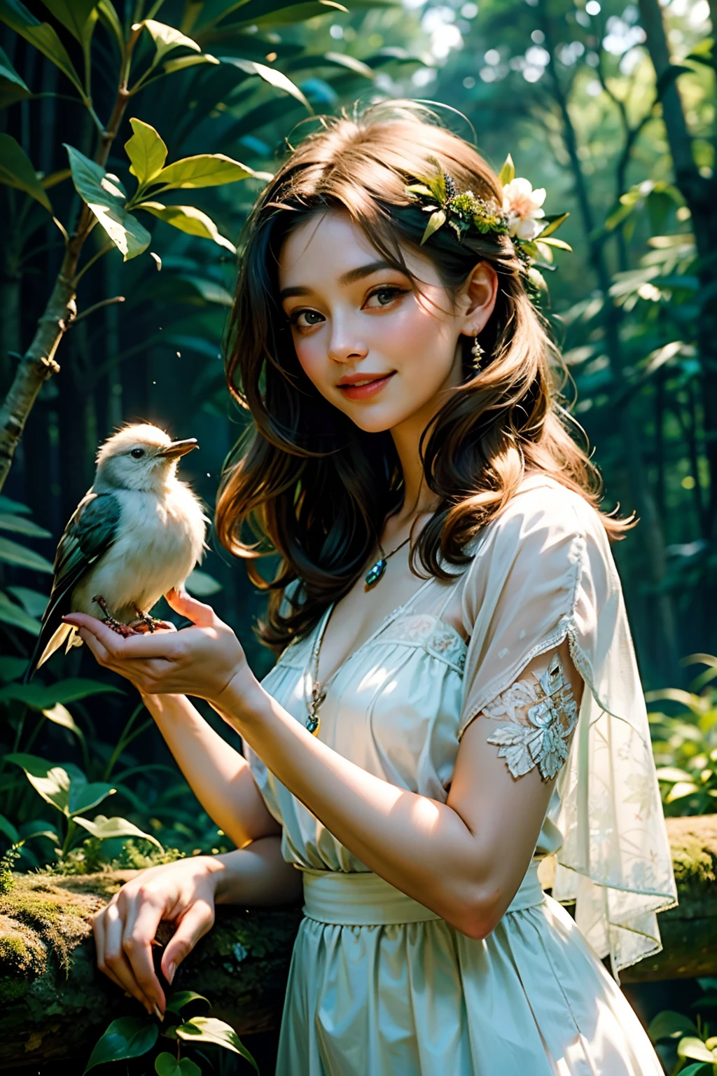 A woman who is a beautiful smiling woman in a forest, with a bird perched on her finger, background is summertime forest, mood is delicate, gentle, loving, happy, daytime light, character design.
