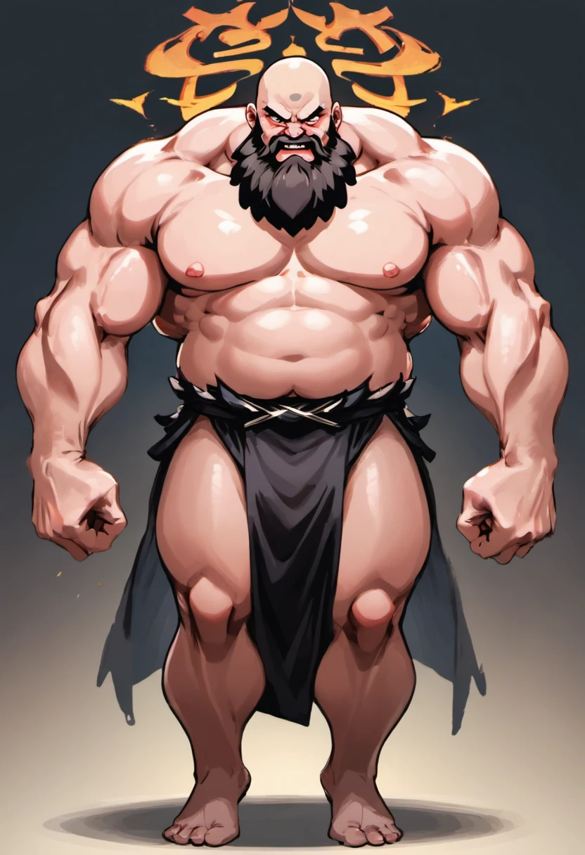 ((full body portrait)), a huge chinese monk, good at martial art, hyper muscular, giant body, fat, beard, bald, 40 years old, angry, naked, wide shoulder, bulging muscles, standing straight, exposing his muscle, savage, (((masculinity))), striking, (((Nine-headed body proportions))), ((300 kg)), giant root, brutal, powerful pose, extremely powerful , absurdly masculinity, (((extremely tall man)), (((8 feet tall))),(((high body fat))),long arms, long leges, gigachad muscular, detailed muscle.