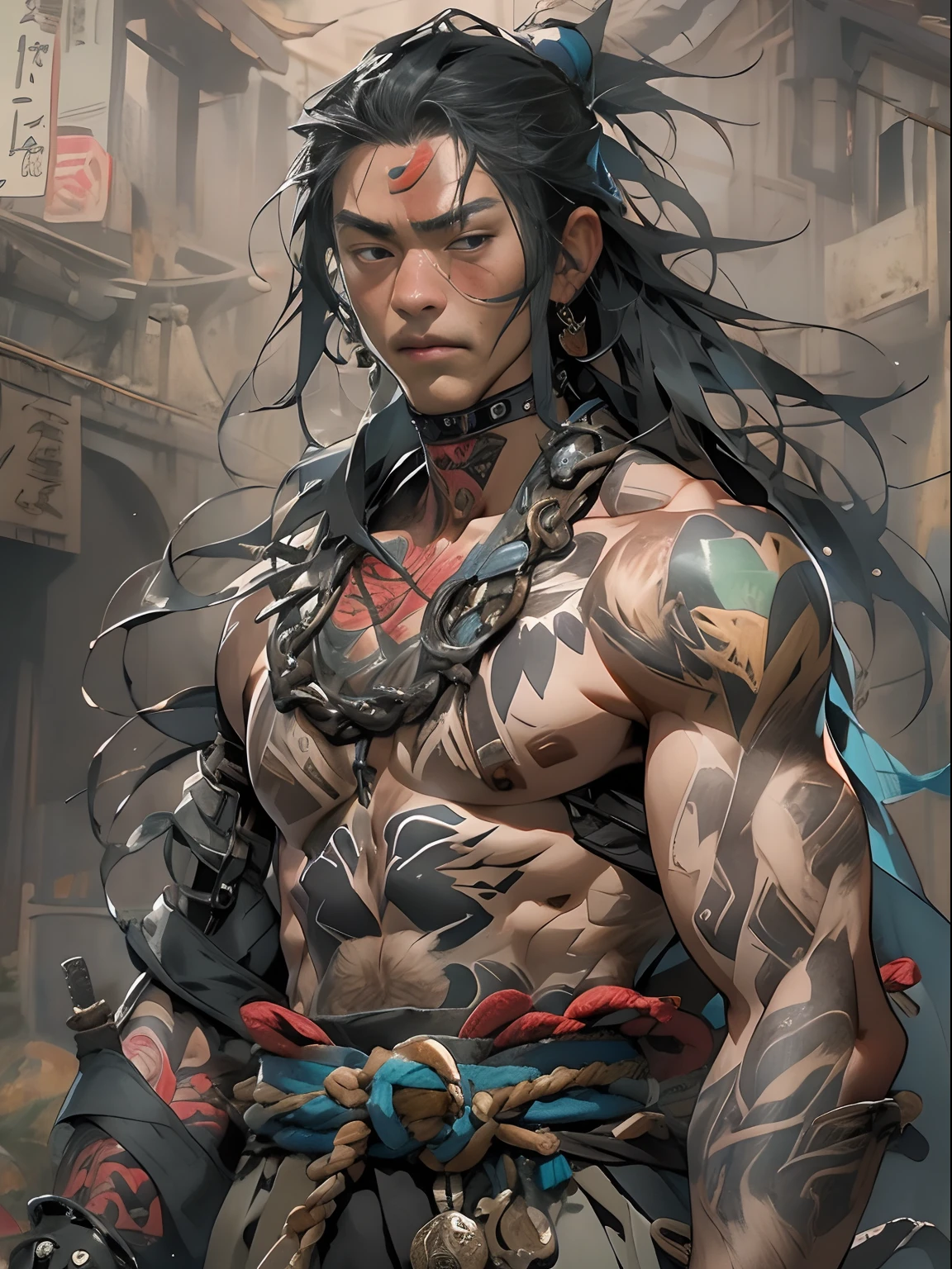 (((mtu))), (((best qualityer))), (((tmasterpiece))), (((AS-Adult))), ((( Japanese ))), Look up from your knees, Handsome Asian samurai，perfect body figure, Modern samurai, ((( Asian))), Wear gloves on your hands，The left arm is made of steel and metal tips，Made of protective devices, The eyes are pulled, (( Appears below the chest )), (( Small dental floss )), Simon Bisley, Almost naked（Simon Bisley）Castle City Wilderness，For high-resolution posters, hair straight, Minimum clothing, armure (Crazy clothes ), Full of tips and rivets, tribal tattoos, (((full bodyesbian))), Straight brunette hair，Colored hair ends