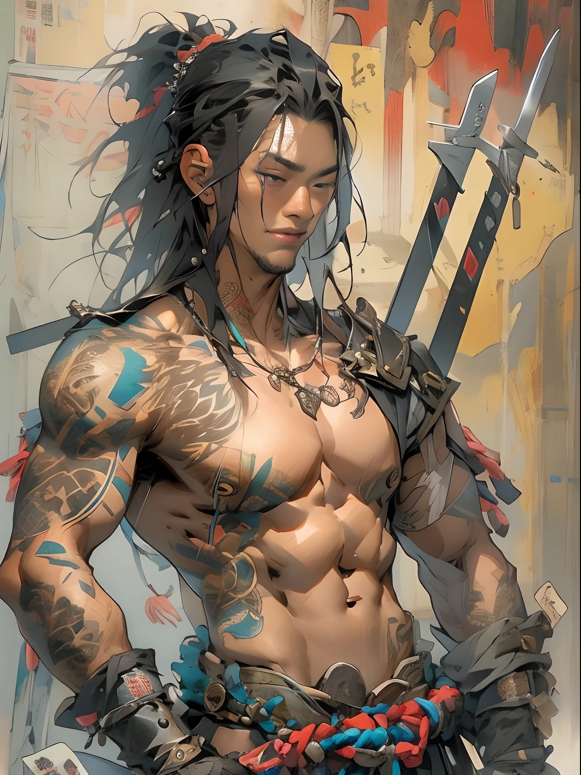 (((mtu))), (((best qualityer))), (((tmasterpiece))), (((AS-Adult))), ((( Japanese ))), Look up from your knees, Handsome Asian samurai,perfect body figure, Modern samurai, ((( Asian))), Wear gloves on your hands,The left arm is made of steel and metal tips,Made of protective devices, The eyes are pulled, (( Appears below the chest )), (( Small dental floss )), Simon Bisley, Almost naked(Simon Bisley)Castle City Wilderness,For high-resolution posters, hair straight, Minimum clothing, armure (Crazy clothes ), Full of tips and rivets, tribal tattoos, (((full bodyesbian))), Straight brunette hair,Colored hair ends