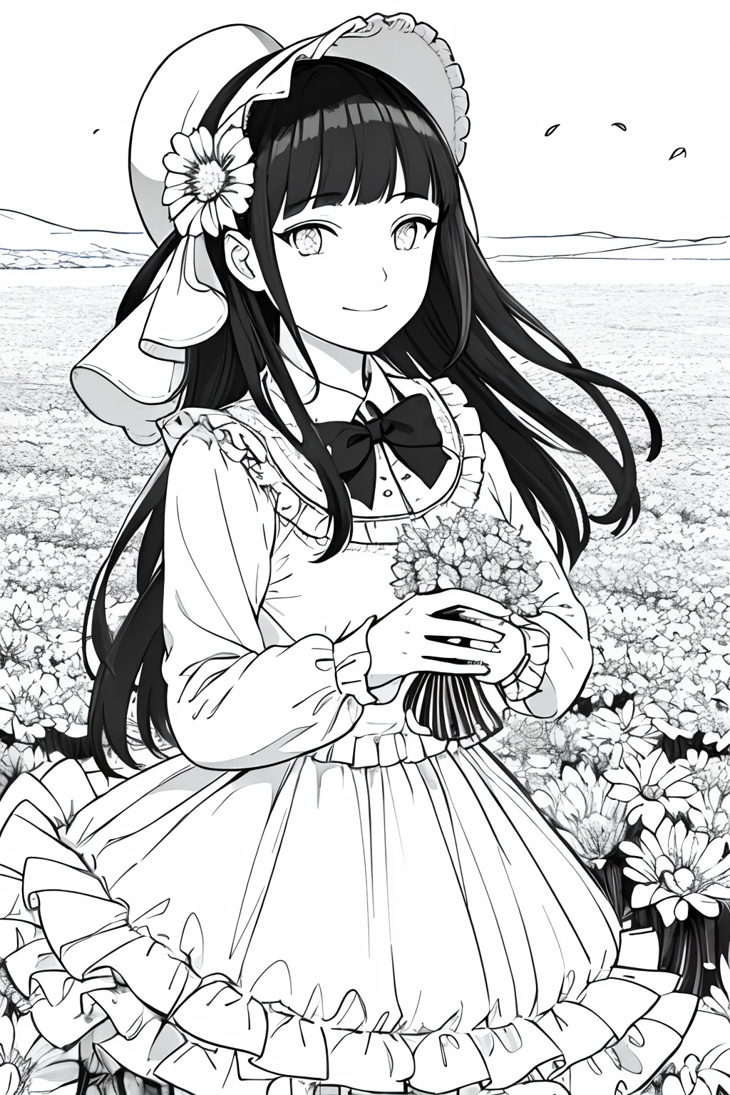 masterpiece, best quality, 1girl, solo, long_hair, looking_at_viewer, smile, Blunt bangs, skirt, shirt, long_sleeves, hat, dress, bow, holding, closed_mouth, flower, frills, hair_flower, petals, bouquet, holding_flower, center_frills, bonnet, holding_bouquet, flower field, flower field, lineart, monochrome