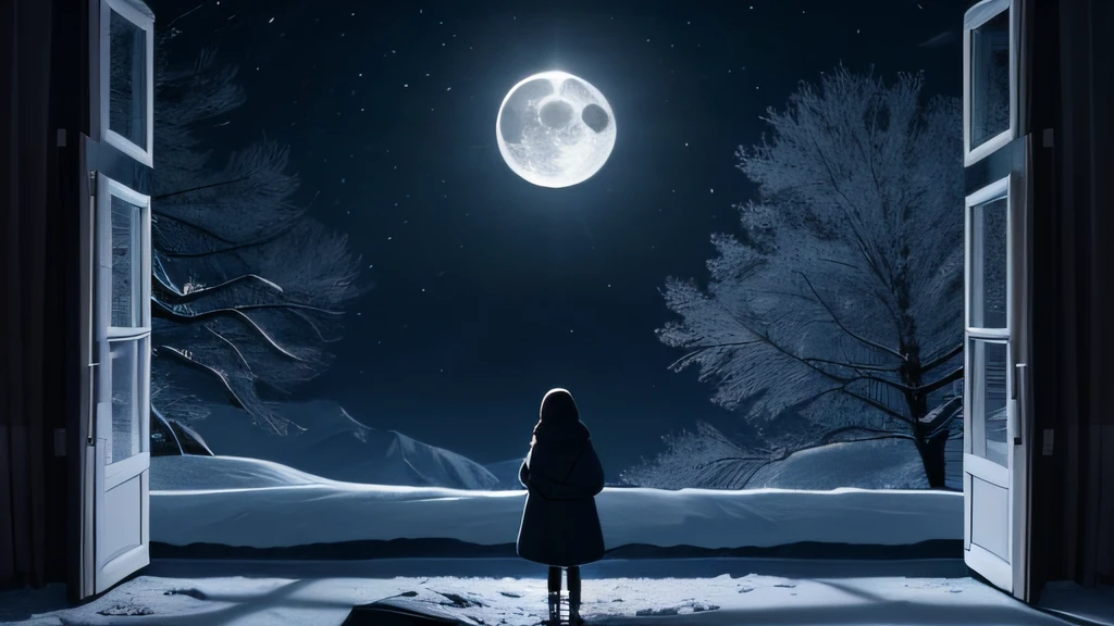 A girl is shivering from the cold, a boy is standing next to the girl, both are wearing winter clothes, they are in a big room, moonlight is coming in through the window, moonlit night, trees around, normal nature