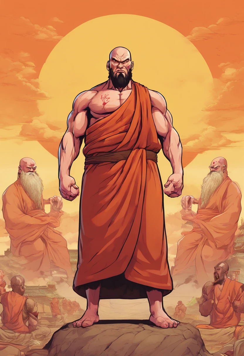 ((full body portrait)), a huge chinese monk, good at martial art, hyper muscular, giant body, fat, beard, bald, 40 years old, angry, ?????, wide shoulder, bulging muscles, standing straight, exposing his muscle, savage, (((masculinity))), striking, (((Nine-headed body proportions))), ((300 kg)), giant root, brutal, powerful pose, extremely powerful , absurdly masculinity, (((extremely tall man)), (((8 feet tall))),(((high body fat))),long arms, long leges, gigachad muscular, detailed muscle.