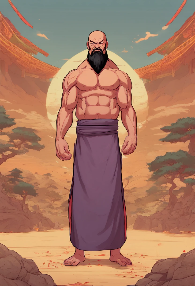 ((full body portrait)), a huge chinese monk, good at martial art, hyper muscular, giant body, fat, beard, bald, 40 years old, angry, naked, wide shoulder, bulging muscles, standing straight, exposing his muscle, savage, (((masculinity))), striking, (((Nine-headed body proportions))), ((300 kg)), giant root, brutal, powerful pose, extremely powerful , absurdly masculinity, (((extremely tall man)), (((8 feet tall))),(((high body fat))),long arms, long leges, gigachad muscular, detailed muscle.