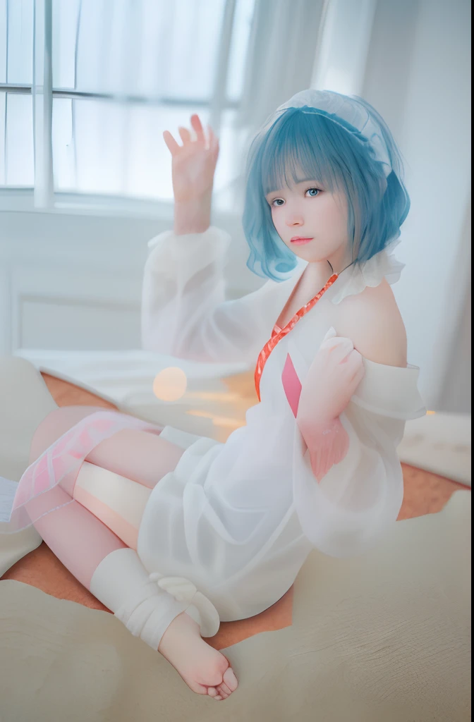 Best image quality, ultra high resolution, (real photo: 1.4), 1 Japan person, 18 years old, light blue hair, long hair, blue eyes, (thin body), pale skin, smile, cute, small breasts, sweating all over, wet, small buttocks, buttocks visible, small panties, thin legs, short white socks, light makeup, white panties, see-through panties, pantyhose, panties stains, See-through bra, nipple protrusion, small teardrop earrings, on bed in seaside hotel suite, white skirt taken off, white blouse taken off, five fingers, two legs, background blur