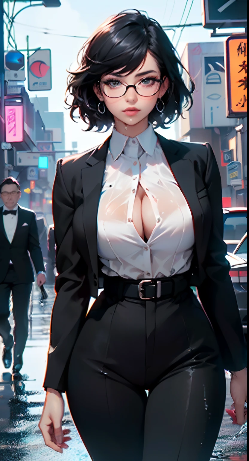 cute girl,(((1girl))),((girl with extremely cute and beautiful black hair)),
(Large breasts:1.4),(((black hair:1.35,colored inner hair,ear breathing,large hair,tomboy haircut))),(((black eyes:1.1))),intricate eyes,beautiful detailed eyes,symmetrical eyes,((fat)),((lustrous skin:1.5,bright skin: 1.5,skin tanned,shiny skin,very shiny skin,shiny body,plastic glitter skin,exaggerated shiny skin,illuminated skin,wet legs))),(spider lower abdomen,narrow waist,wide hip,athletic body,inflated legs,delicate detailed fingers,detailed body,human hands,(detailed face)),
cute,slutty,seductive,erotic,(((nsfw))),
((((glasses)))),(((wearing white formal blazer,black formal pants,))),(((huge cleavage))),((wet clothes,intricate outfit,intricate clothes)),
(dynamic pose:1.0),solo focus,embarrassed,(centered,scale to fit dimensions,Rule of thirds),
cyberpunk city by the ocean at night, with bright neon signs and dark stormy clouds and puddles, scenery:1.25,
highres, sharp focus, (ultra detailed, extremely detailed), (photorealistic artwork:1.37),(extremely detailed CG unity 8k wallpaper),((synthwave background theme)),(((vibrant colors))),(intricate background),(masterpiece),(best quality),