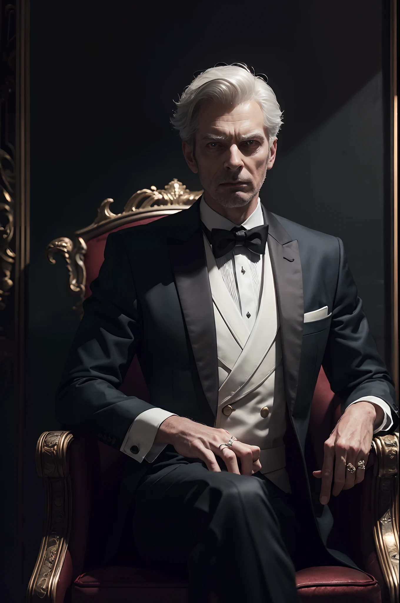 "(exquisitely detailed CG unity 8k wallpaper, masterpiece-quality with stunning realism), (best illumination, best shadow), (best quality), ((gallant man)), (elegant and demonic style:1.2), demon lord, sitting elegantly upon an intricately glorious throne, wearing a (sleek white tuxedo:1.2), (piercing black eyes+short black hair:0.8), surrounded by an ominous and dark atmosphere, accentuated by dramatic and striking lighting, imbued with a sense of surreal fantasy".