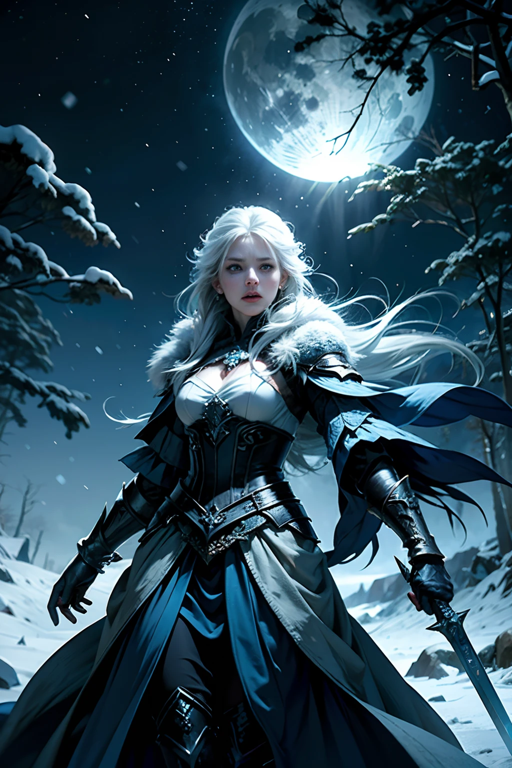 A woman who is an angry snow-queen, brandishing a frozen sword, snarling, background is eerie night sky, snowing, mood is repressed, fatalistic, nebulous, oblivious, character design.