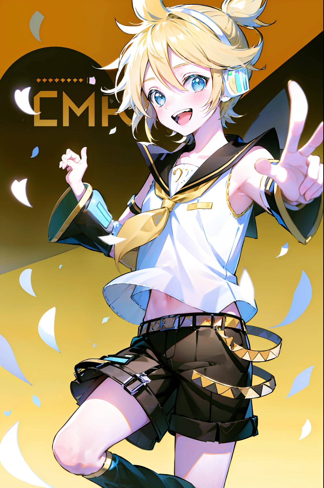 album cover, Kagamine Rin, Kagamine Len, number tattoo, bow, white shirt, detached sleeves, belt, sailor collar, headphones, knee length shorts, leg warmers, hands in the air, happy, open mouthed smile, multicoloured confetti, energetic, colourful background, pattern background, drop shadow, close up of face, text stars, beautiful lighting, beautiful illustration, 2 people, 1boy, 1girl