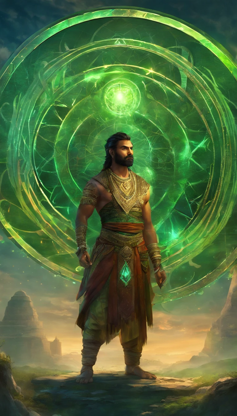 A magic circle floats in the Sky, (An Indian man stands in front of the magic circle facing the camera: 1.4), halberd in left hand, grimoire in right hand, Roaring Black tiger floats above magic circle, Black and green color theme, masterpiece, surrealism, ray tracing, 4K