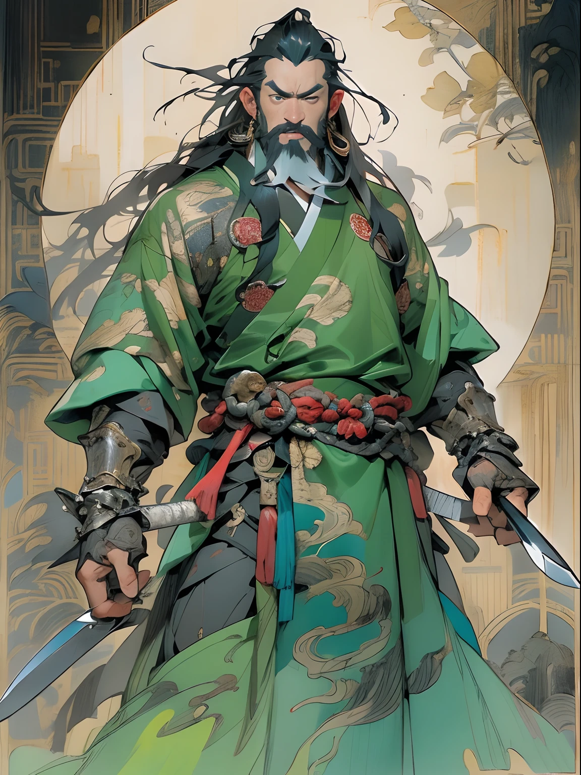 (((China-style，Ink painting method，Half-length portrait，Intense color，Han dynasty, China，Hanfu，Armor，Guan yu，Guan Yunchang，of a guy，Ruddy killing square face，Hold the Blue Dragon Moon Knife in his right hand，Stroke your beard with your left hand，Long hair，petty eyes，Green robe))), (((best qualityer))), (((tmasterpiece))), (((AS-Adult))), ((( Japanese ))), Look up from your knees, Handsome Asian samurai，perfect body figure, Modern samurai, ((( Asian))), Wear gloves on your hands，The left arm is made of steel and metal tips，Made of protective devices, The eyes are pulled, (( Appears below the chest )), (( Small dental floss )), Simon Bisley, Almost naked（Simon Bisley）Castle City Wilderness，For high-resolution posters, hair straight, Minimum clothing, armure (Crazy clothes ), Full of tips and rivets, tribal tattoos, (((full bodyesbian))), Straight brunette hair，Colored hair ends