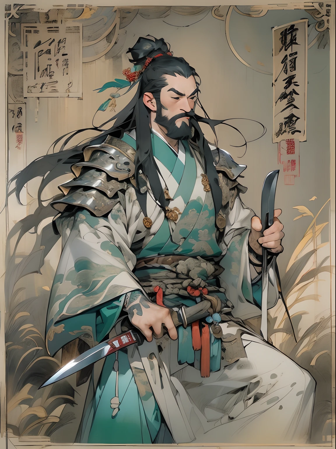 (((China-style,Ink painting method,Half-length portrait,Intense color,Han dynasty, China,Hanfu,Armor,Guan yu,Guan Yunchang,of a guy,Ruddy killing square face,Hold the Blue Dragon Moon Knife in his right hand,Stroke your beard with your left hand,Long hair,petty eyes,Green robe))), (((best qualityer))), (((tmasterpiece))), (((AS-Adult))), ((( Japanese ))), Look up from your knees, Handsome Asian samurai,perfect body figure, Modern samurai, ((( Asian))), Wear gloves on your hands,The left arm is made of steel and metal tips,Made of protective devices, The eyes are pulled, (( Appears below the chest )), (( Small dental floss )), Simon Bisley, Almost naked(Simon Bisley)Castle City Wilderness,For high-resolution posters, hair straight, Minimum clothing, armure (Crazy clothes ), Full of tips and rivets, tribal tattoos, (((full bodyesbian))), Straight brunette hair,Colored hair ends