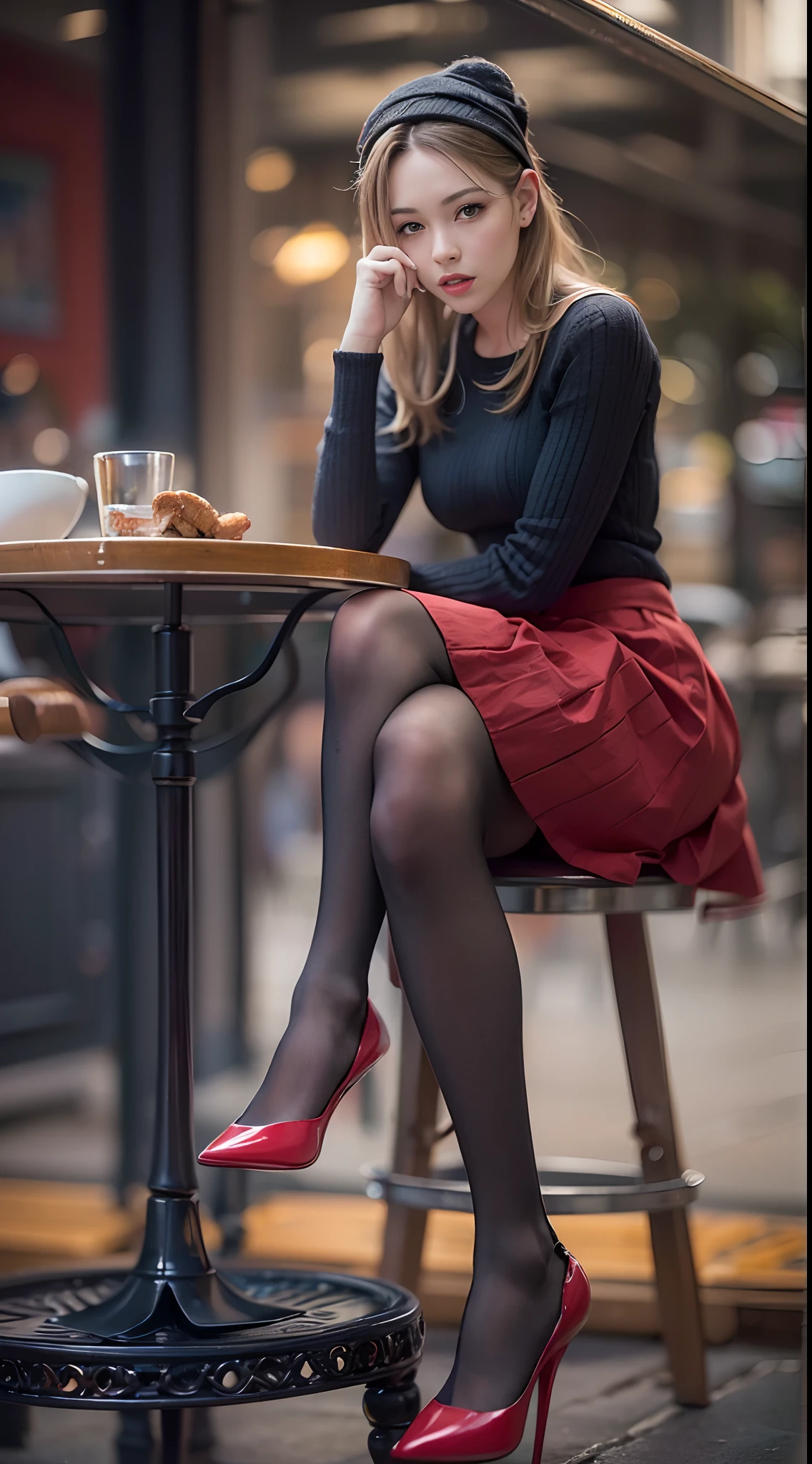 (best quality,4k,8k,highres,masterpiece:1.2),ultra-detailed,(realistic,photorealistic,photo-realistic:1.37),beautiful woman,sitting,red very short skirt,street side cafe chair,black stockings,long legs