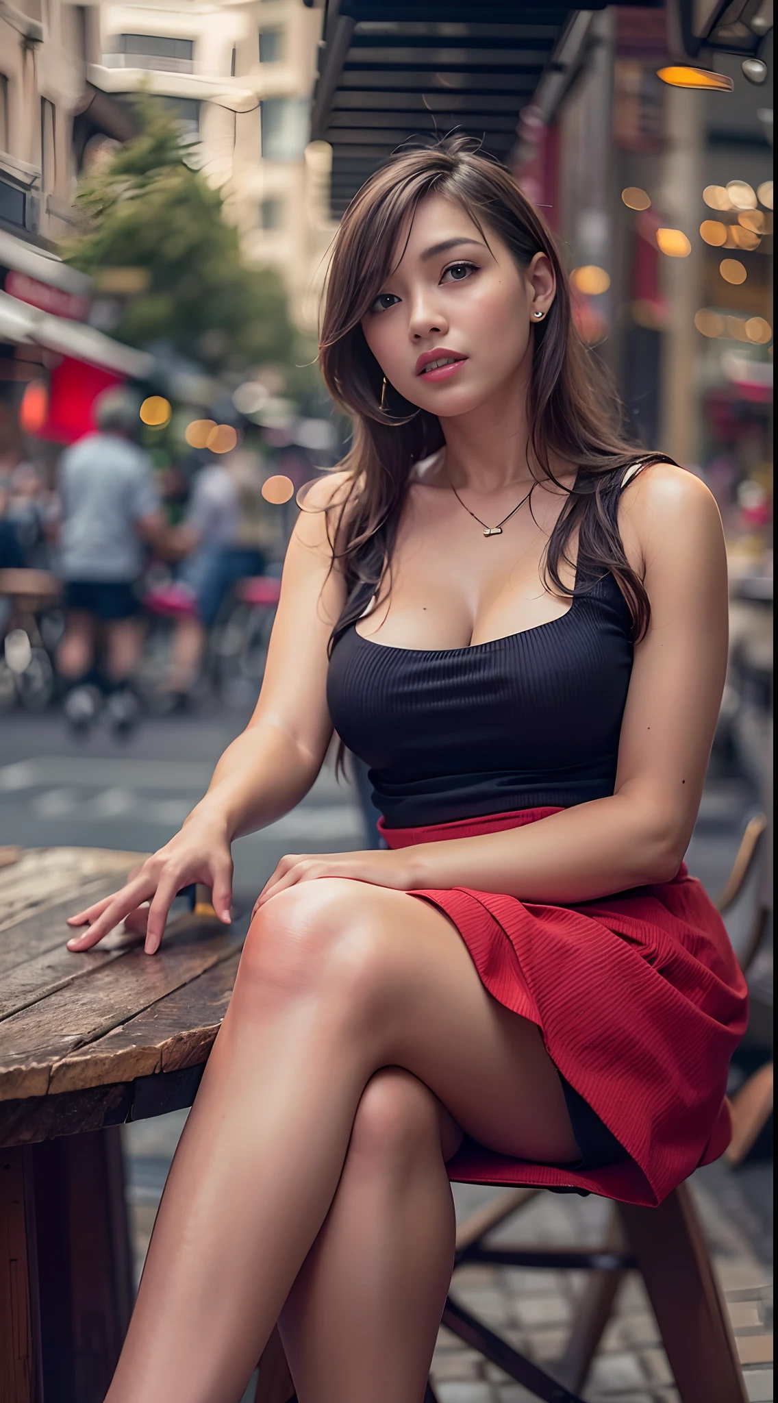 (best quality,4k,8k,highres,masterpiece:1.2),ultra-detailed,(realistic,photorealistic,photo-realistic:1.37),beautiful woman,sitting,red very short skirt,street side cafe chair,black stockings,long legs