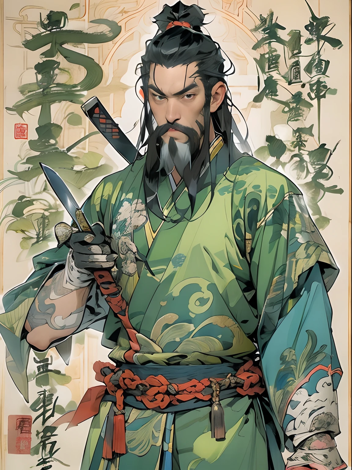 (((China-style,Ink painting method,Half-length portrait,Intense color,Han dynasty, China,Hanfu,Armor,Guan yu,Guan Yunchang,of a guy,Ruddy killing square face,Hold the Blue Dragon Moon Knife in his right hand,Stroke your beard with your left hand,Long hair,petty eyes,Green robe))), (((best qualityer))), (((tmasterpiece))), (((AS-Adult))), ((( Japanese ))), Look up from your knees, Handsome Asian samurai,perfect body figure, Modern samurai, ((( Asian))), Wear gloves on your hands,The left arm is made of steel and metal tips,Made of protective devices, The eyes are pulled, (( Appears below the chest )), (( Small dental floss )), Simon Bisley, Almost naked(Simon Bisley)Castle City Wilderness,For high-resolution posters, hair straight, Minimum clothing, armure (Crazy clothes ), Full of tips and rivets, tribal tattoos, (((full bodyesbian))), Straight brunette hair,Colored hair ends