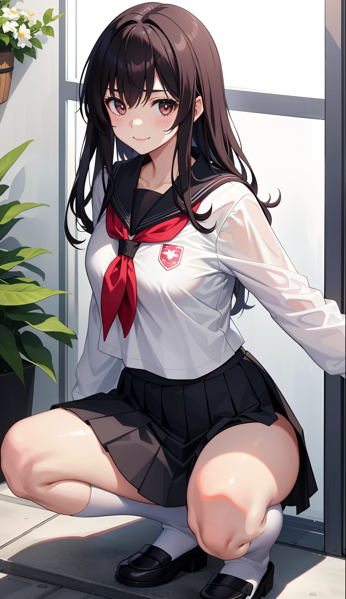 1girl in、A smile、The shirt、skirt by the、(small tits)Chilarism、Japan High School Student Uniform、serafuku、summer clothing、Squall Drenched Uniform、(Sheer Bra)、Upper body portrait、light cream hair、Squatting panchira、