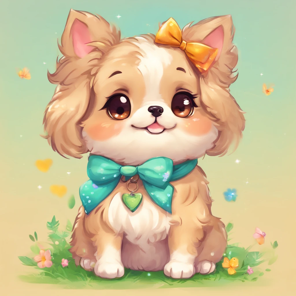 There is a dog with a bow on its head sitting on the ground, mostrando a pata, corpo inteiro, painting digital adorable, bela arte digital, arte digital detalhada bonito, Dog cute, painting of cute dog, kawaii cute dog, arte detalhada bonito, Retrato bonito, arte de pintura digital dos desenhos animados, pintura digital dos desenhos animados, arte fofa, Loli, orelhas fofas, Nice Cartunesco, pet animal, kawaii retrato realista