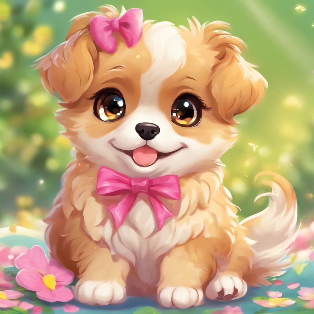 There is a dog with a bow on its head sitting on the ground, mostrando a pata, corpo inteiro, painting digital adorable, bela arte digital, arte digital detalhada bonito, Dog cute, painting of cute dog, kawaii cute dog, arte detalhada bonito, Retrato bonito, arte de pintura digital dos desenhos animados, pintura digital dos desenhos animados, arte fofa, Loli, orelhas fofas, Nice Cartunesco, pet animal, kawaii retrato realista