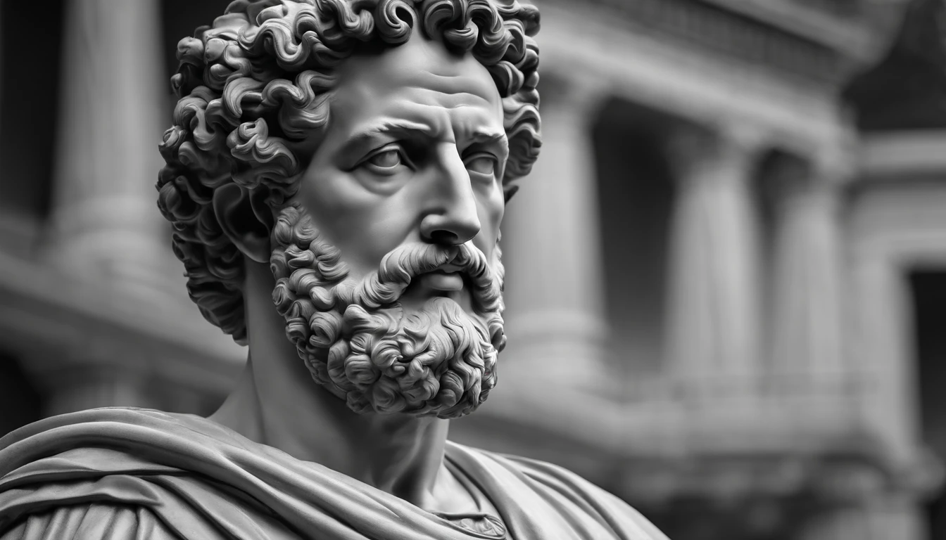 a portrait statue of the stoic Marcus Aurelius in black and white 4K,Face de lado, papel de parede super realista , sem camisa, Sintura,corpo forte,strong upper arms,