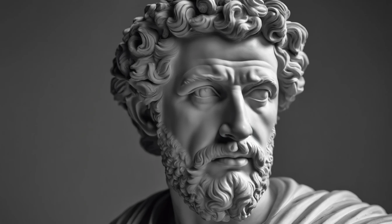 a portrait statue of the stoic Marcus Aurelius in black and white 4K,Face de lado, papel de parede super realista , sem camisa, Sintura,corpo forte,strong upper arms,