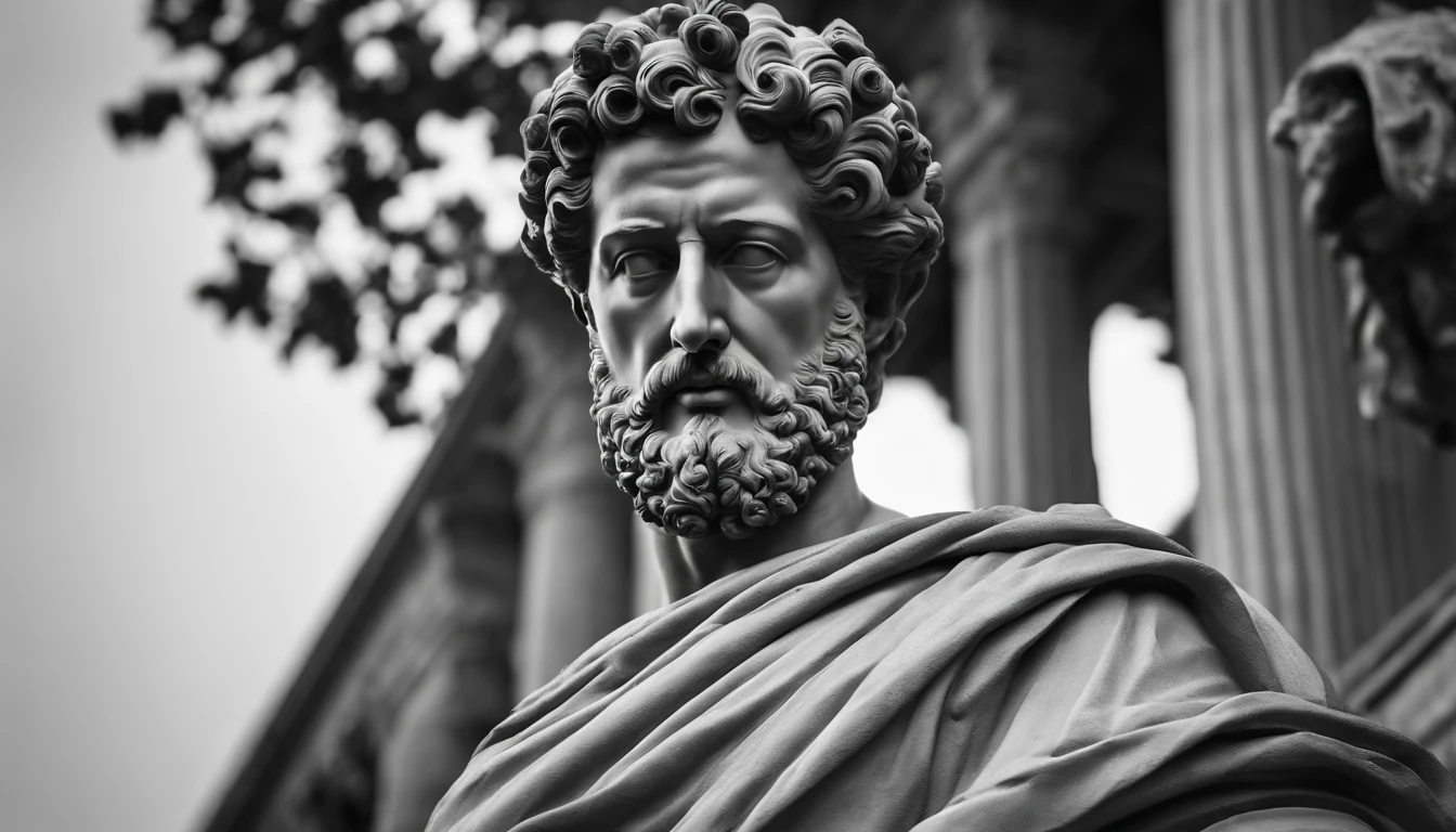 a portrait statue of the stoic Marcus Aurelius in black and white 4K,Face de lado, papel de parede super realista , sem camisa, Sintura,corpo forte,strong upper arms,