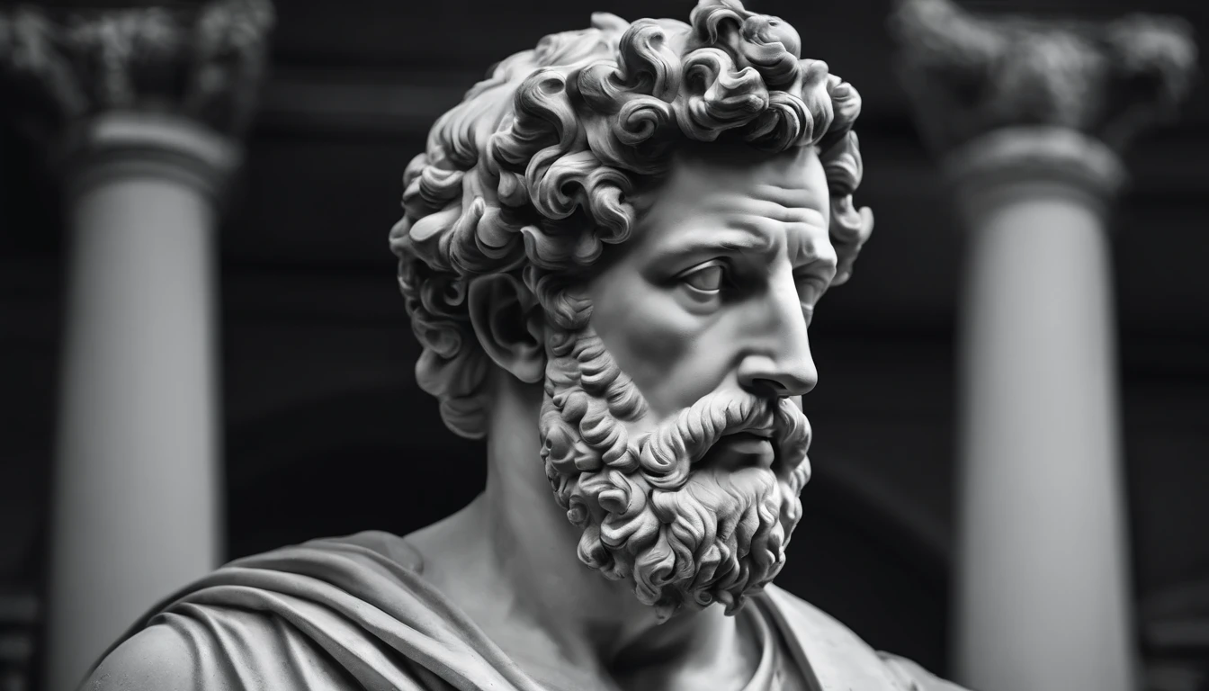 a portrait statue of the stoic Marcus Aurelius in black and white 4K,Face de lado, papel de parede super realista , sem camisa, Sintura,corpo forte,strong upper arms,