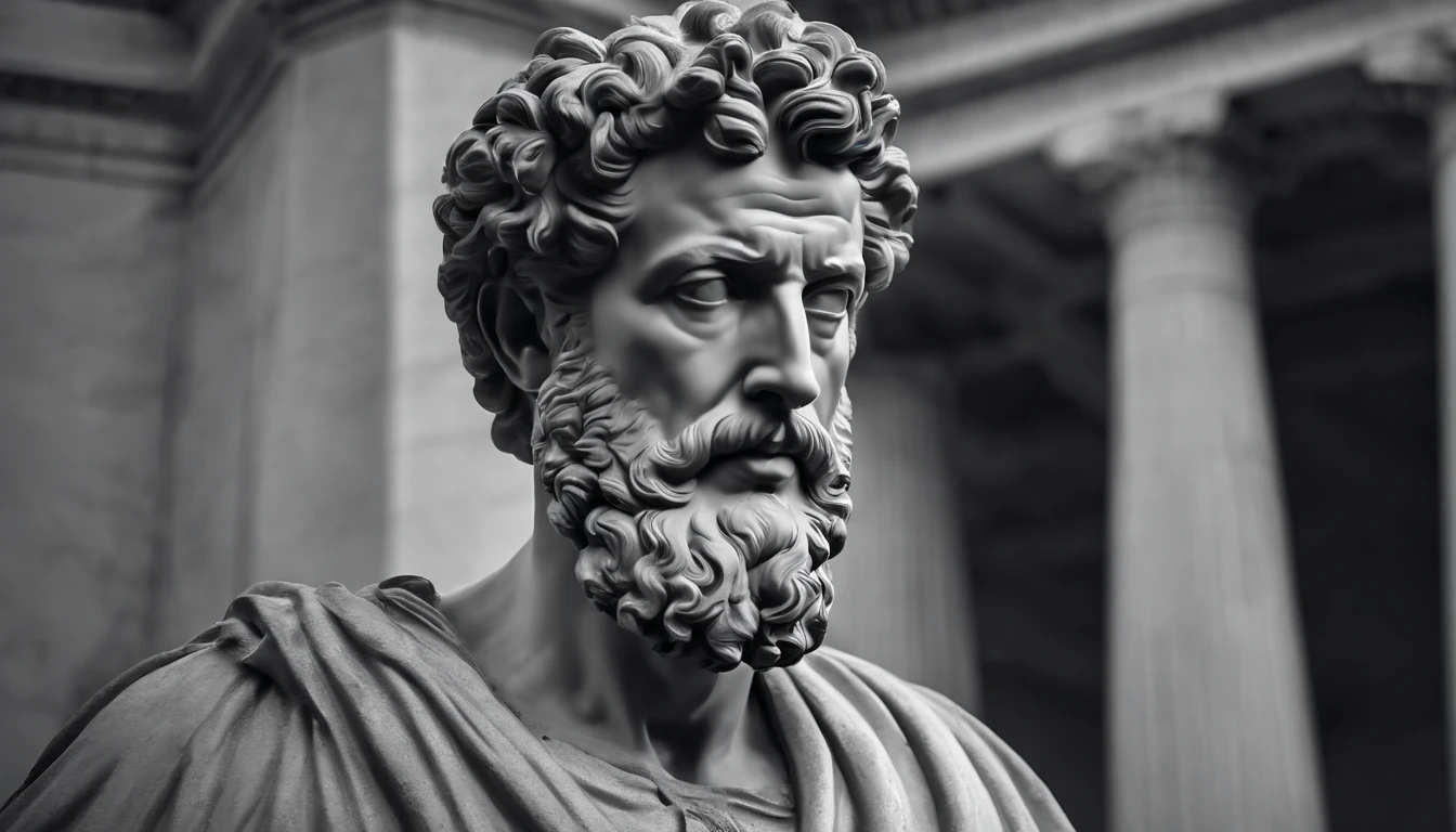 a portrait statue of the stoic Marcus Aurelius in black and white 4K,Face de lado, papel de parede super realista , sem camisa, Sintura,corpo forte,strong upper arms,