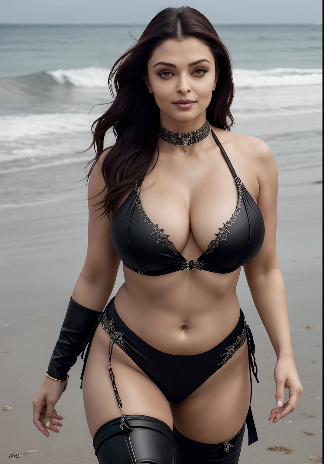 Day scene, athletic milf body of aishwarya rai, thigh high boots, large breasts, covering private parts only with star fish, breasts popping out, dancing in the beach, massive cleavage show, nipple visible, seductive face, look at a camera and smile, tied up high ponytail hair, erotic adult face, 42 yo, soft volumetric lights, intricate details, (ArtStation:1.2)