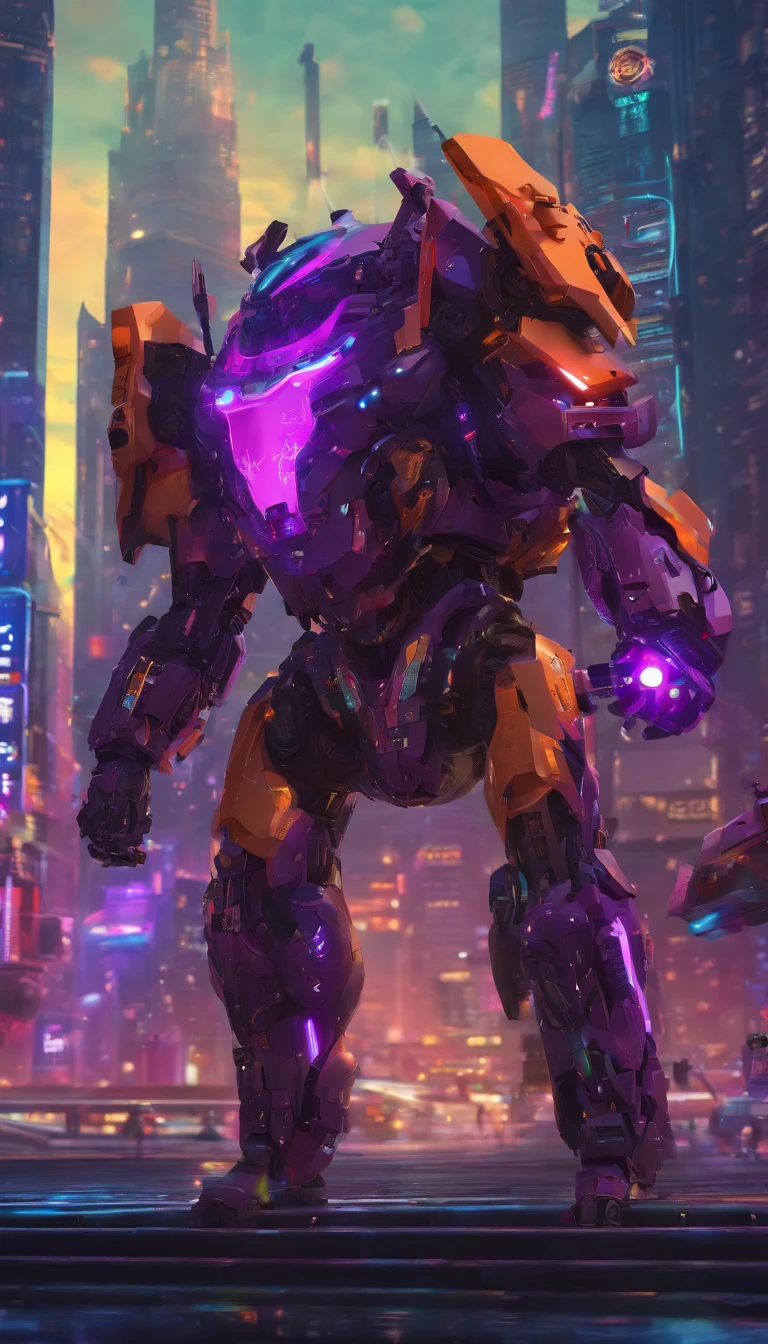 Futuristic tech style, Black and Purple mech, Lion theme armor, Dragon wings, (holding a sword in a fighting stance, Full body mecha, Fighting posture), High quality, Exquisite future, Ultra detailed, great composition, Floating, Depth of field, dramatic lights, Mecha