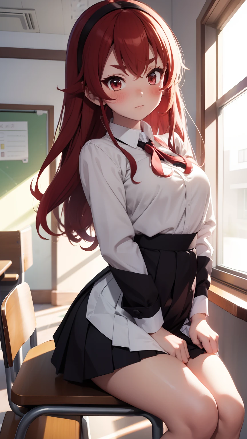 embarrassed, blushing, shows white panties, lifts her skirt with one hand, spread-legged position in school desk, knees apart, red hair,  　school  uniform　mini-skirts　Hi-Res　1girl in　Cute anime illustration