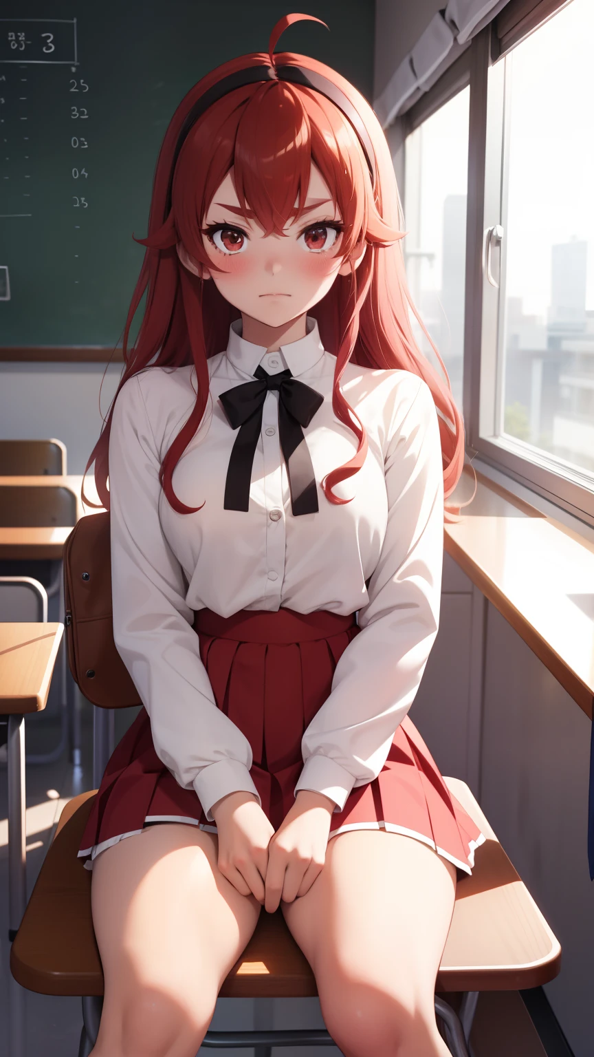 embarrassed, blushing, shows white panties, lifts her skirt with one hand, spread-legged position in school desk, knees apart, red hair,  　school  uniform　mini-skirts　Hi-Res　1girl in　Cute anime illustration