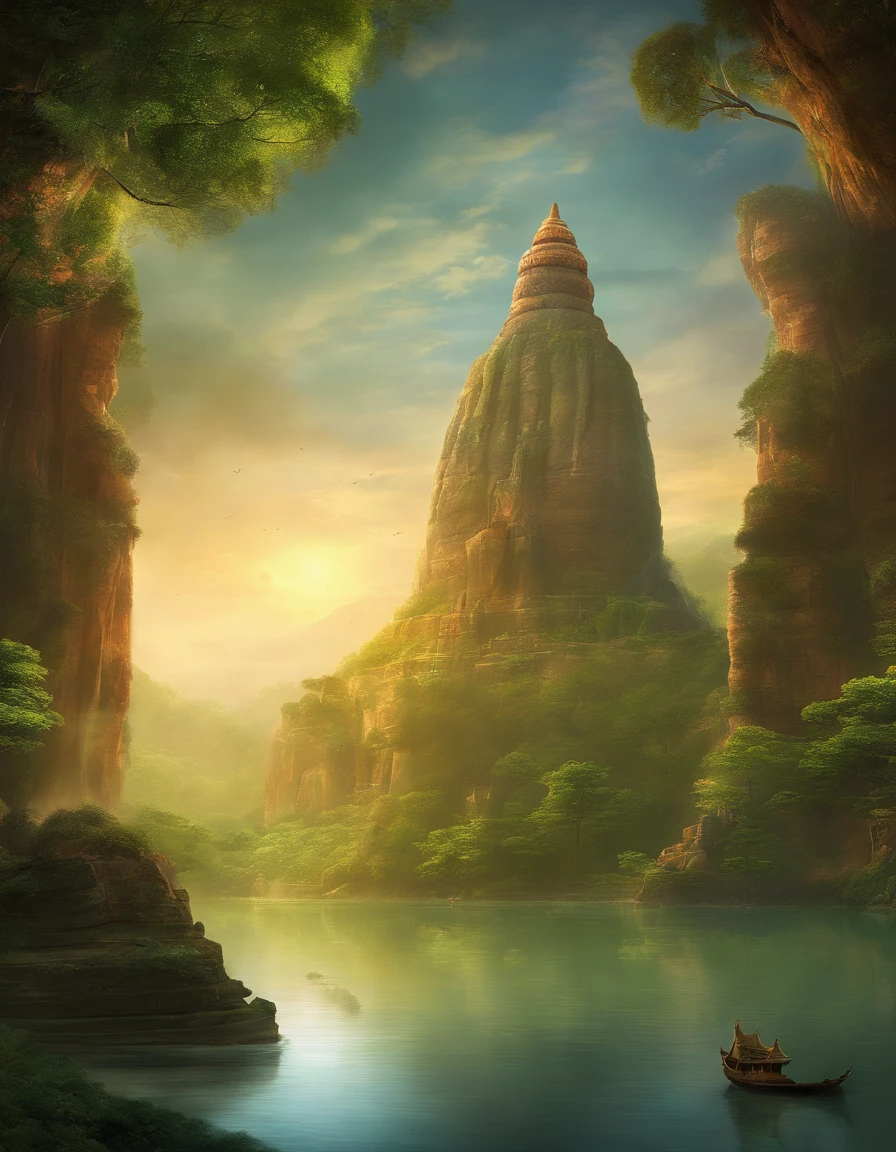 A giant, realistic depiction of the Leshan Giant Buddha, seamlessly integrated with nature, surrealism, ultra-detailed, photorealistic:1.37, three-dimensional rendering, cinematic lighting, divine illumination, ultra-high definition, masterpiece:1.2, textured skin, best quality, high resolution