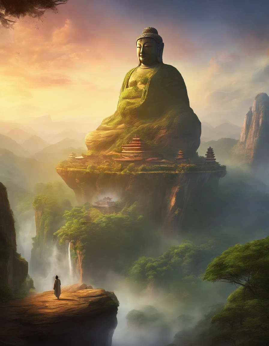 A giant, realistic depiction of the Leshan Giant Buddha, seamlessly integrated with nature, surrealism, ultra-detailed, photorealistic:1.37, three-dimensional rendering, cinematic lighting, divine illumination, ultra-high definition, masterpiece:1.2, textured skin, best quality, high resolution
