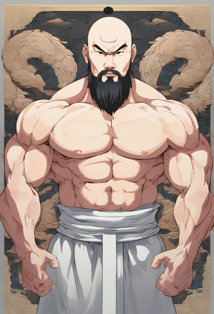 ((full body portrait)), a huge chinese monk, good at martial art, hyper muscular, giant body, fat, beard, bald, 40 years old, angry, naked, wide shoulder, bulging muscles, standing straight, exposing his muscle, savage, (((masculinity))), striking, (((Nine-headed body proportions))), ((300 kg)), giant root, brutal, powerful pose, extremely powerful , absurdly masculinity, (((extremely tall man)), (((8 feet tall))),(((high body fat))),long arms, long leges, gigachad muscular, detailed muscle.
