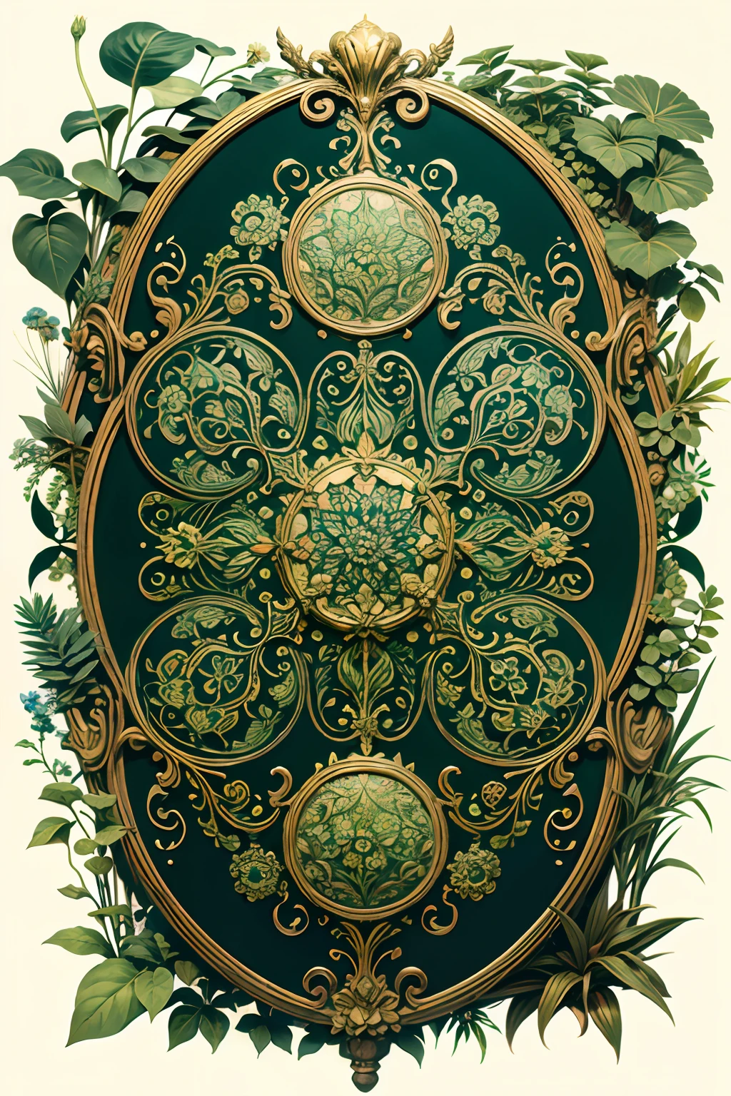 A round ornamental mandala made of green vegetation, plants, flowers and vines.