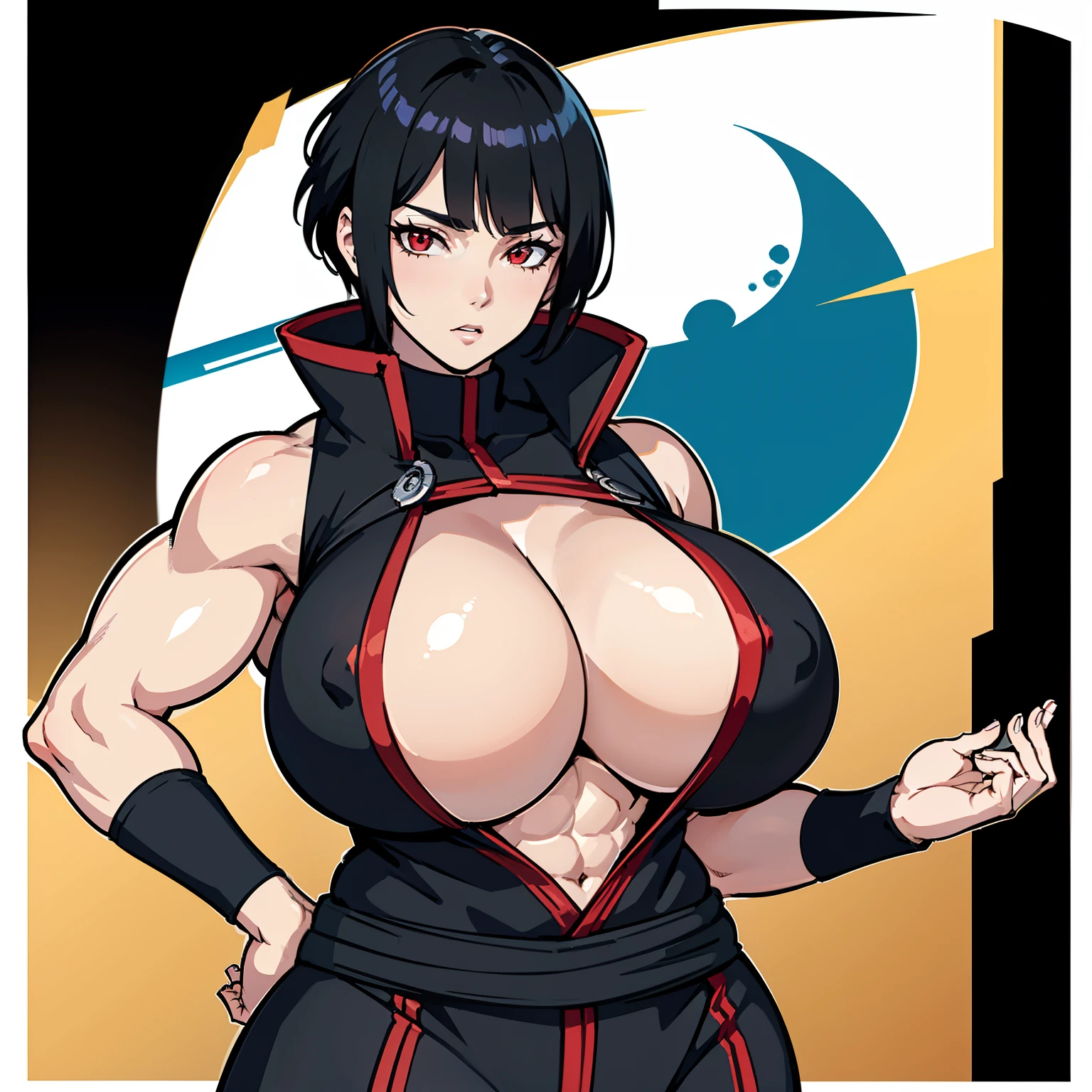 Good quality, details, 2D, full black background , mature woman, only 1woman, kunoichi, white skin, huge boobs, masculine clothing, black hair, short haircut, red eyes, sharp eyes, tomboy, abs, strong biceps, based in naruto shippuden art style