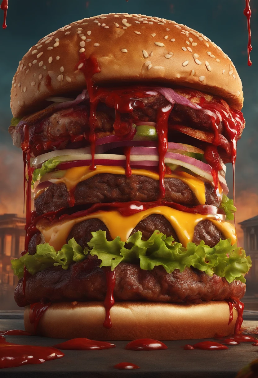 big burger drips blood, cidade dos Mortos-Vivos, rick grimes cara de zumbi, Hamburgueria, sangue, Realistic, logotipo, 8K illustration, zombies